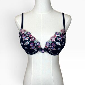 Victoria’s Secret Dream Angels Push Up Bra 34C Navy Floral Embroidered Padded